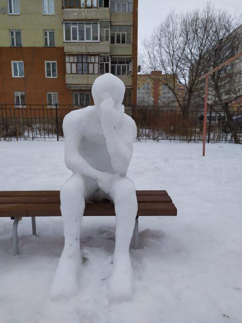 Почти как у Родена: горожанин заснял снежного мыслителя во дворе пензенской многоэтажки